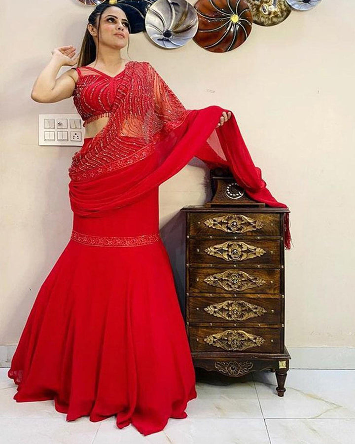Red Designer Embroidery Soft Georgette Lehenga Saree With Attached Dupatta