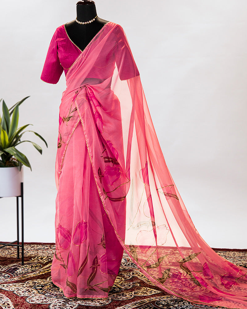 Peach Color Floral & Foil Printed Organza Saree With Plain Blouse