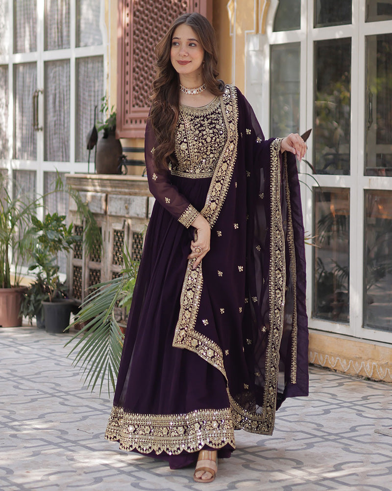 Wine Color Faux Blooming Embroidered Gown