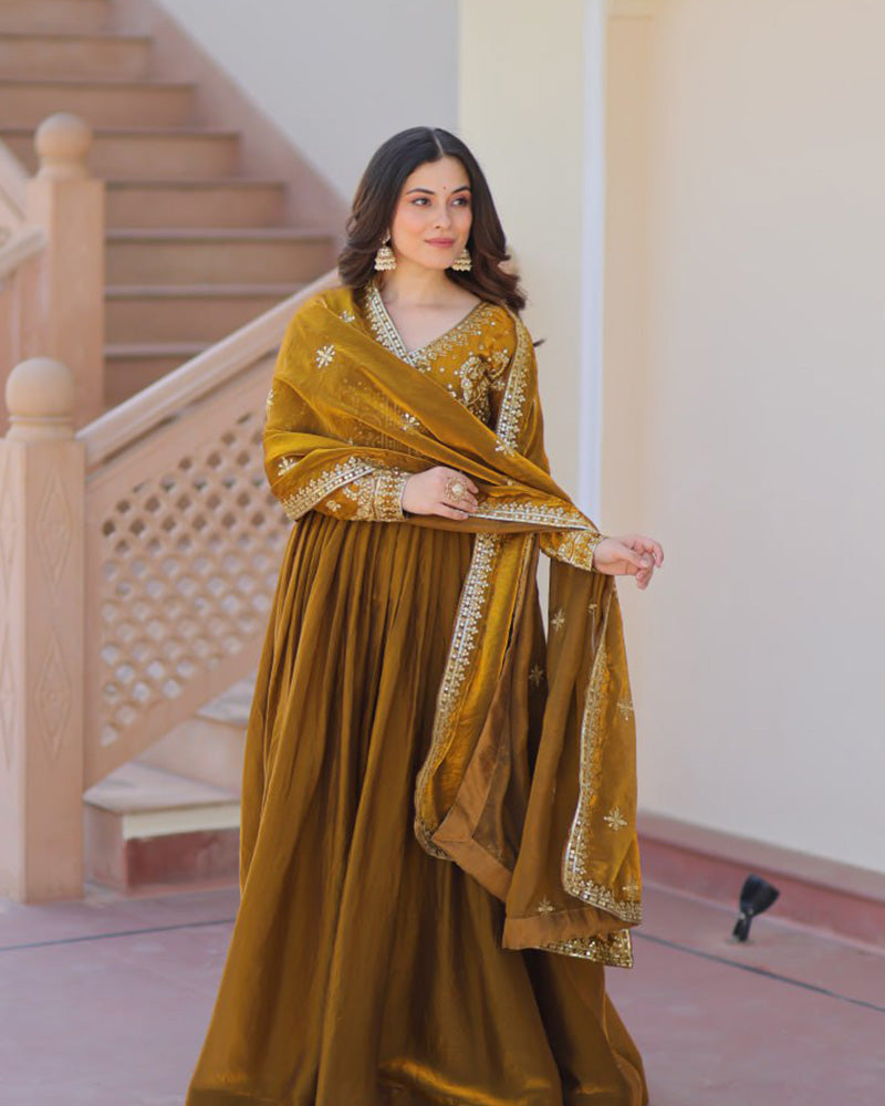 Designer Mehndi Color Fendi Embroidered Gown With Dupatta