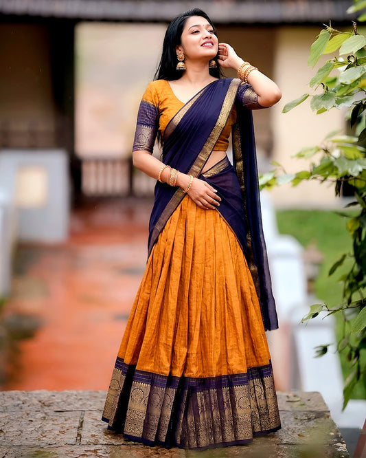 Mustard Color Dola Chex Zari Weaving Half Saree