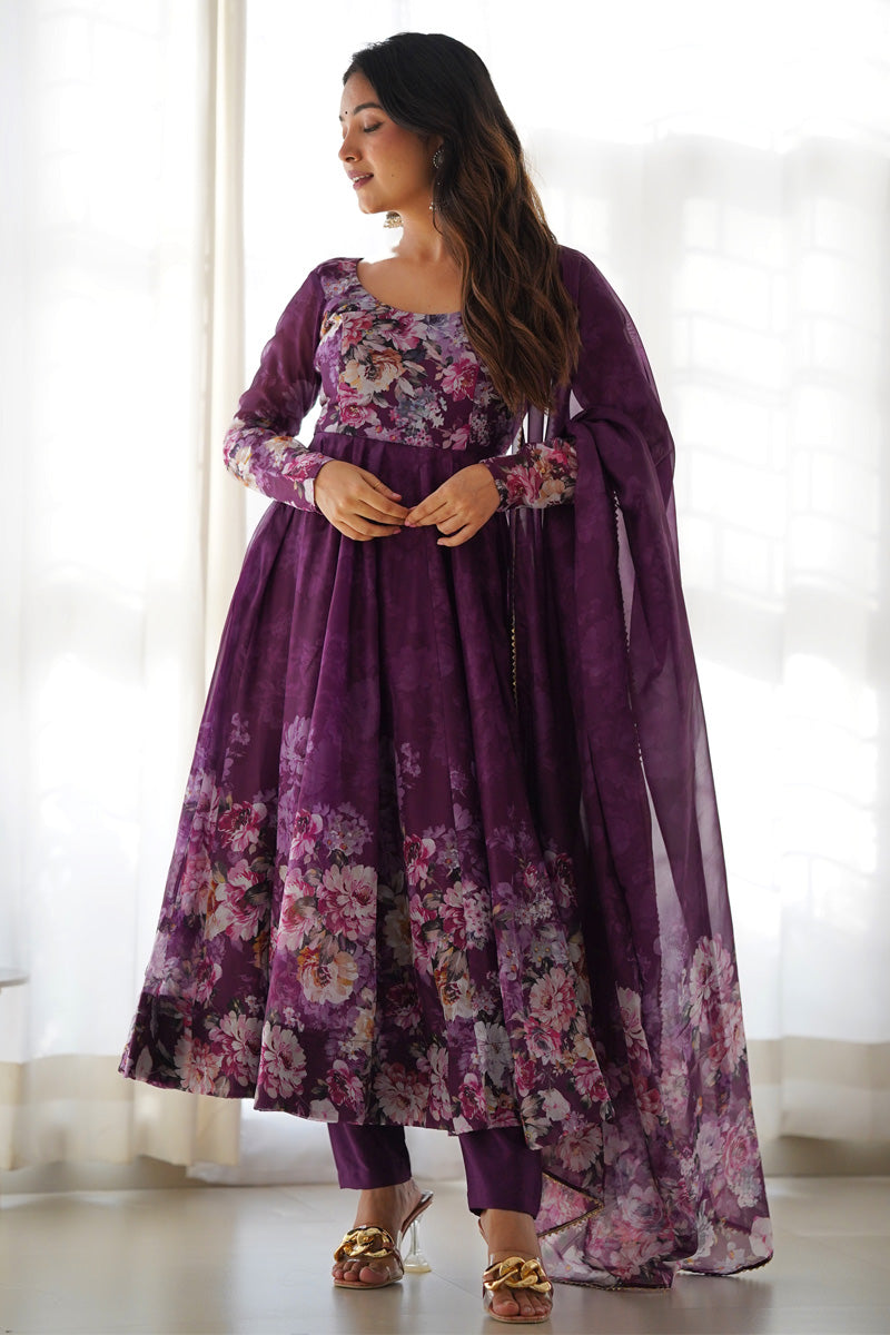 Wine Color Organza Floral Print Three Piece Anarkali Suit