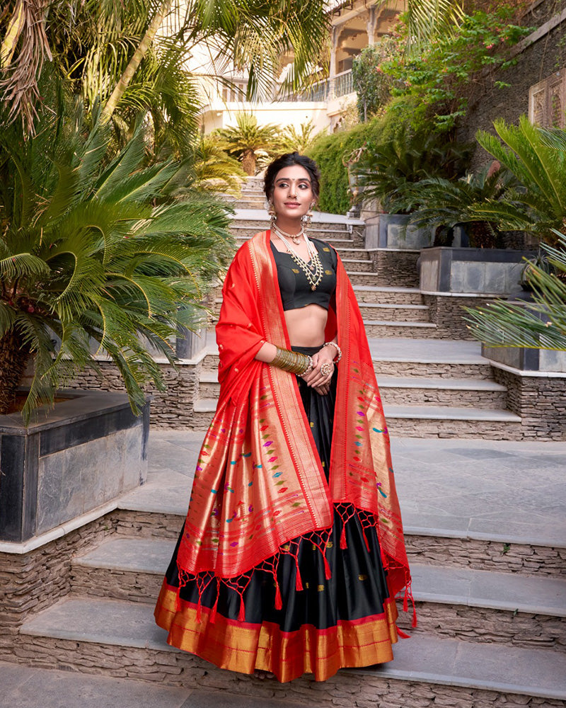 Black Color Jacquard Silk Zari Weaving Work Half Saree
