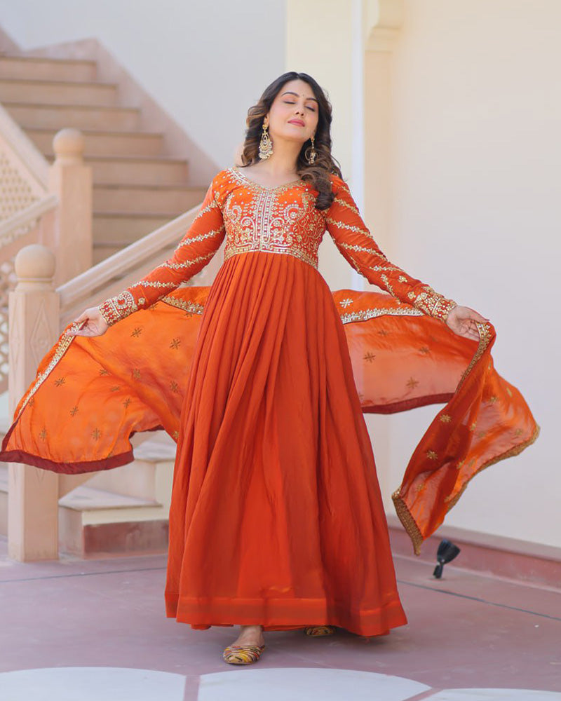 Designer Fenta Color Fendi Embroidered Gown With Dupatta