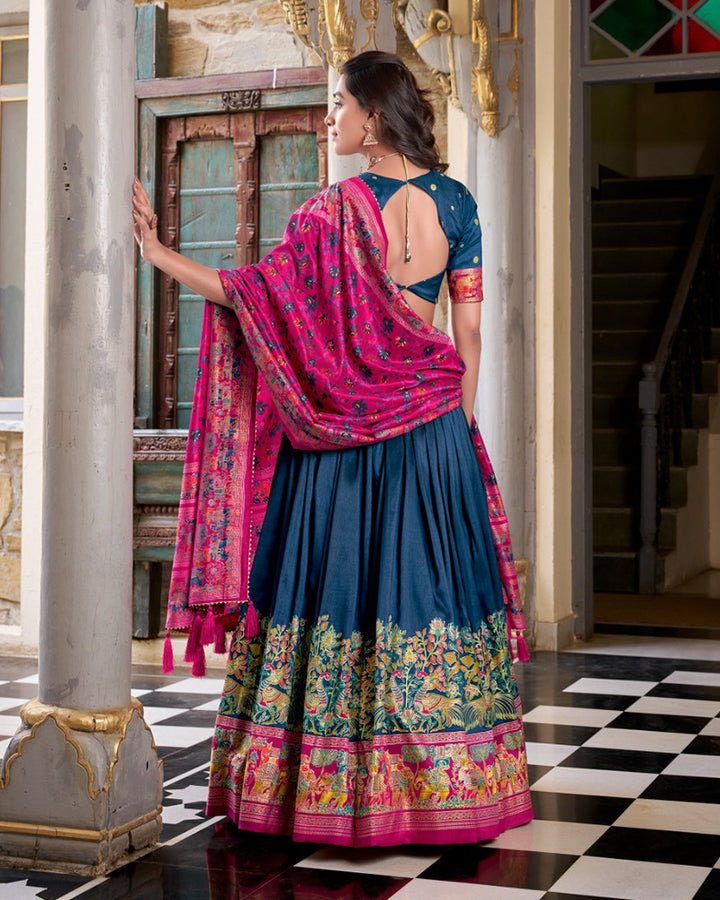 Designer Royal Blue Color Tussar Silk Printed With Foil Work Lehenga Choli