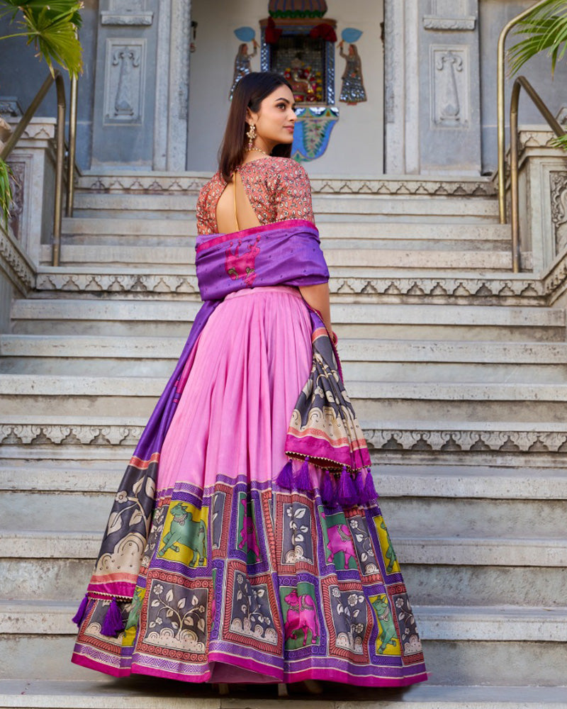 Kalamkari Printed Peach Color Tussar Silk Lehenga Choli