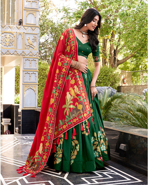 Green Color Tussar Silk Printed With Foil Work Lehenga Choli