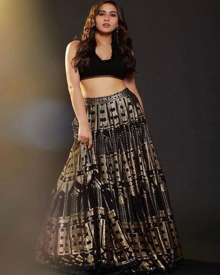 Sara Ali Black And Gold Sequence Lehenga Choli