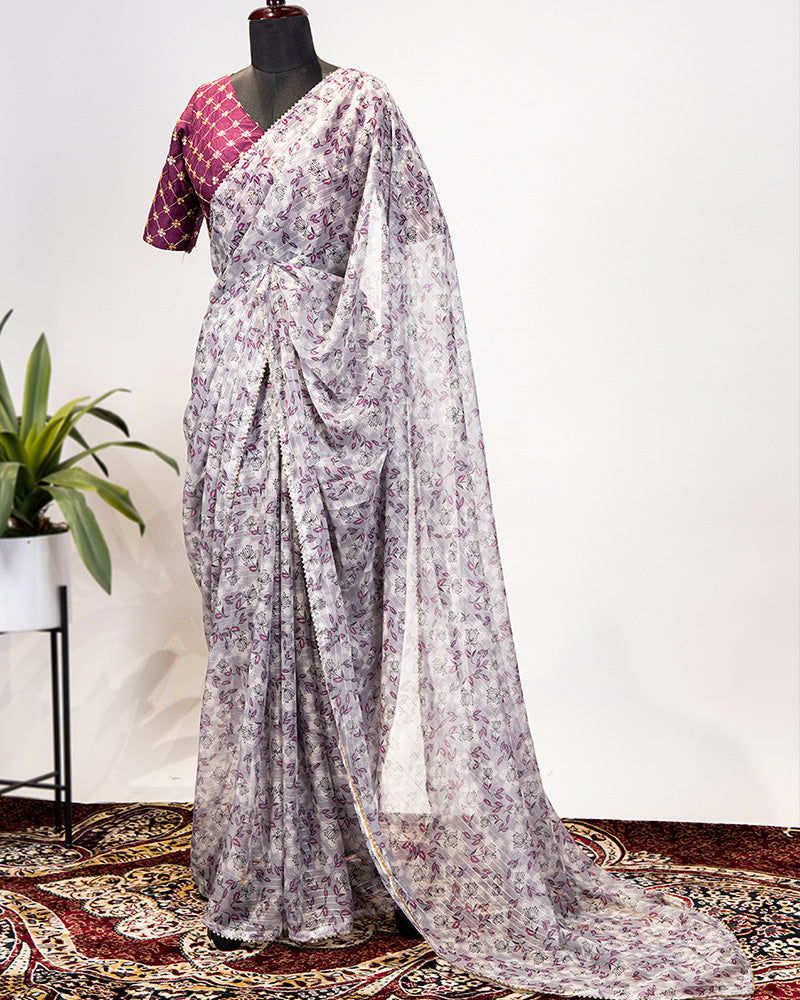 Grey Color Embroidery Work Zari Chiffon Printed Saree