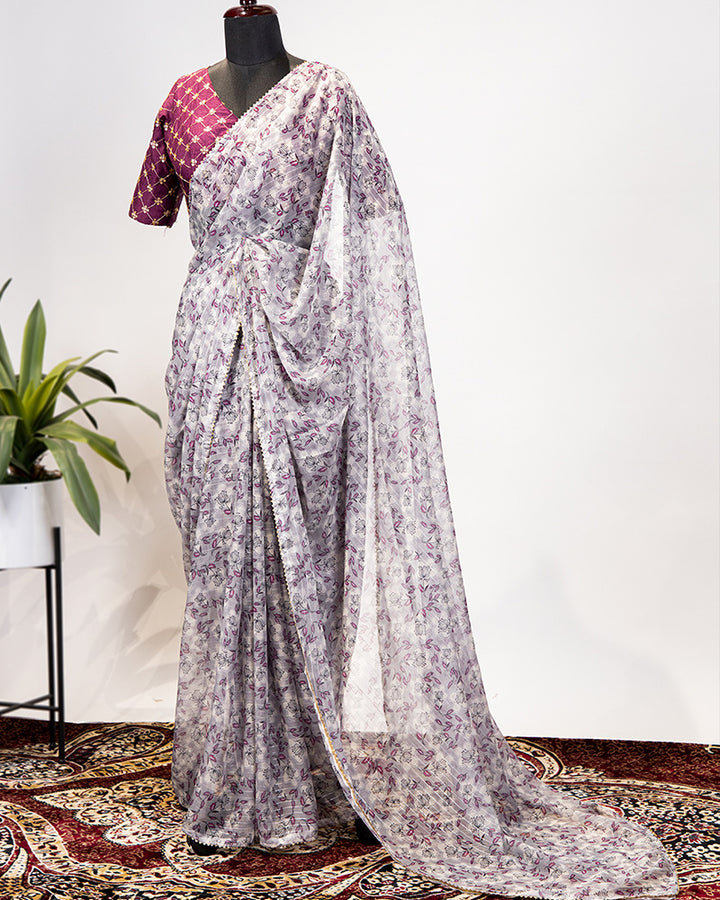 Grey Color Embroidery Work Zari Chiffon Printed Saree