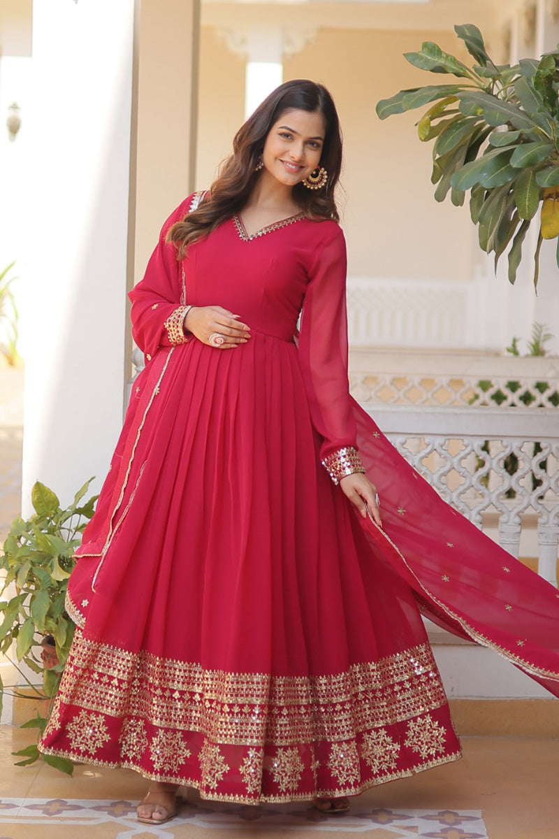 Rani Pink Faux Blooming Gown With Dupatta With Attractive Embroidery Sequence Work