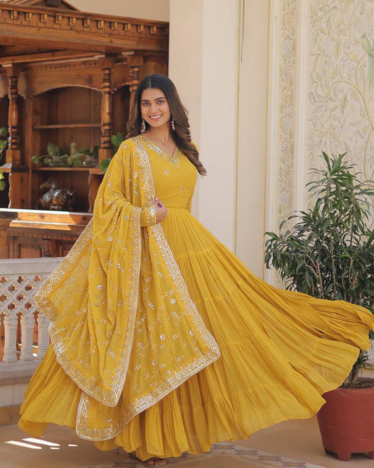 Yellow Color Faux Georgette Designer Anarkali Gown With Dupatta