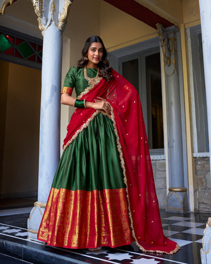 Green Color Narayan Pattu Silk Designer Half Saree