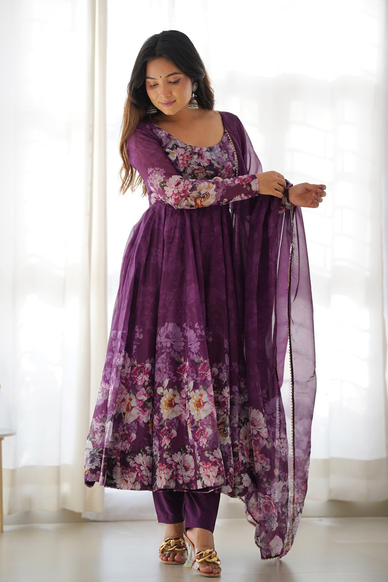 Wine Color Organza Floral Print Three Piece Anarkali Suit