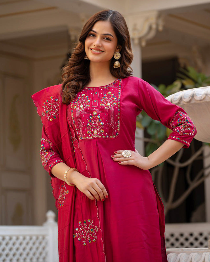 Rani Pink Color Mango Silk Embroidered Kurti Suit