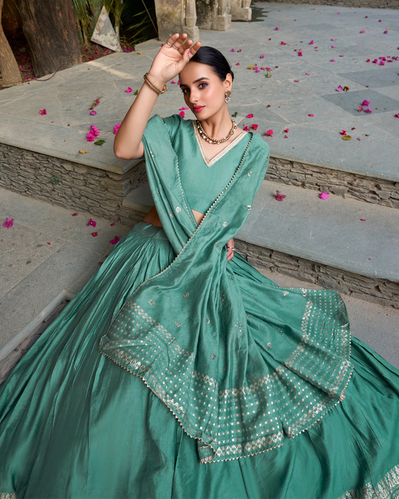 Sea Green Color Pure Chanderi Plain Navratri Half Saree