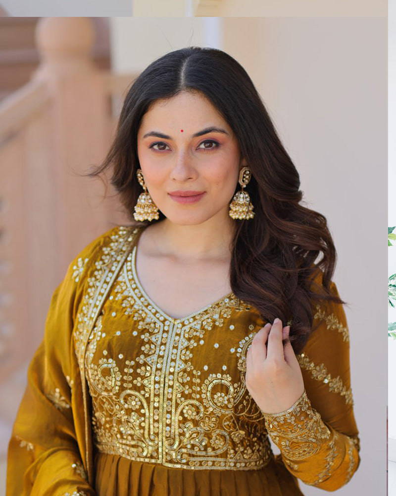 Designer Mehndi Color Fendi Embroidered Gown With Dupatta