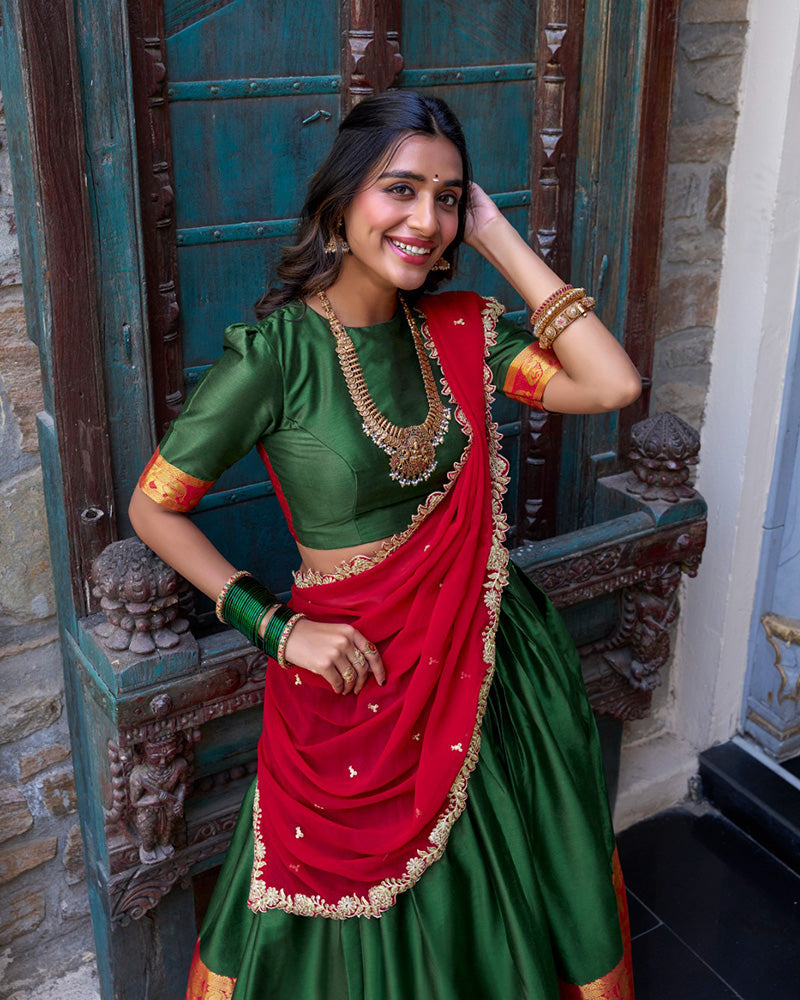 Green Color Narayan Pattu Silk Designer Half Saree