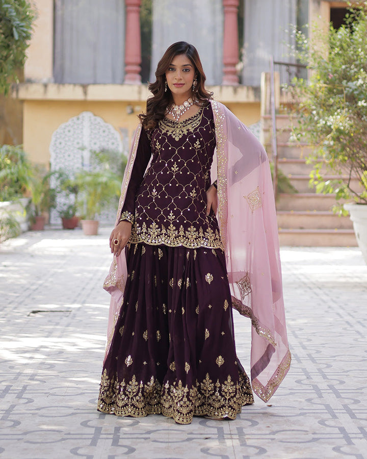 Wine Color Faux Blooming Embroidered Plazzo Suit
