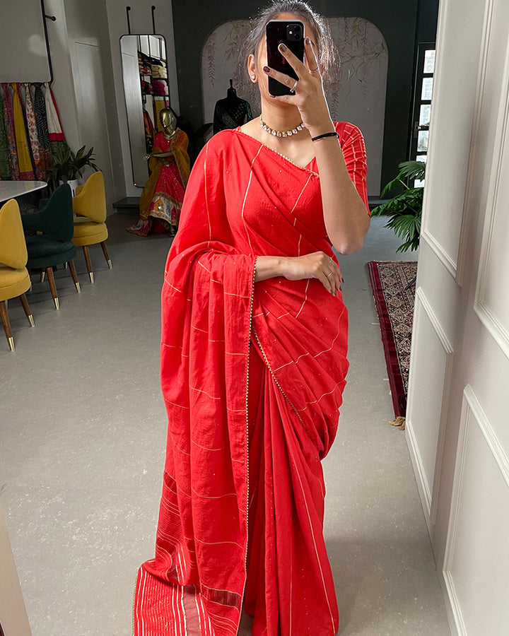 Red Sequins And Zari Work Viscose Chanderi Saree
