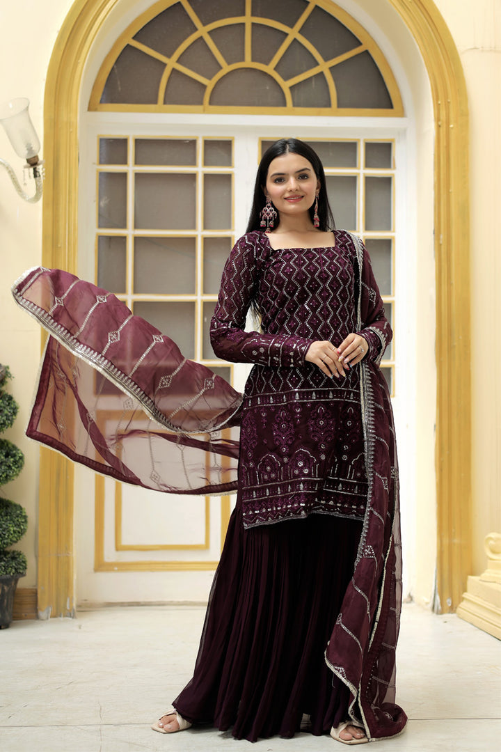 Wine Color Zigzag Line Faux Georgette Three Piece Sharara Suit