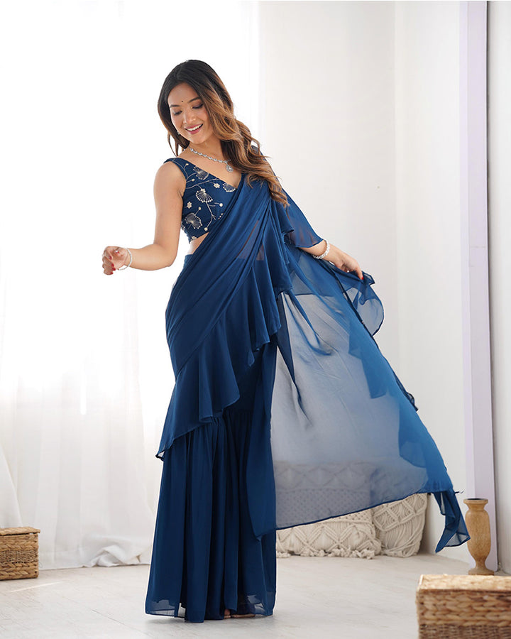 Designer Teal Blue Color Faux Georgette Plain Sharara Saree