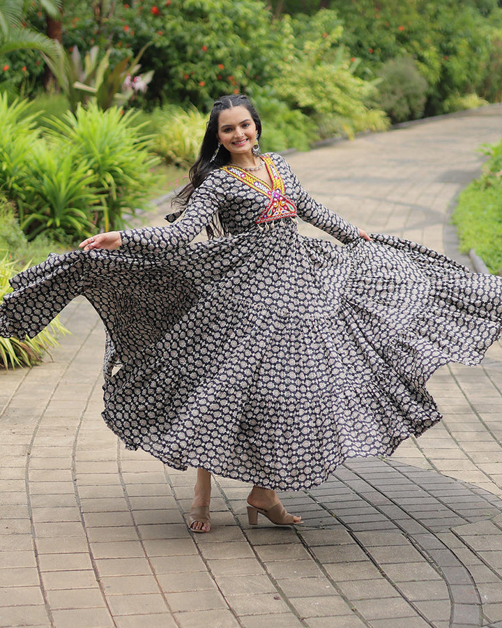 Black Color Cotton Gamthi Work Navratri Gown