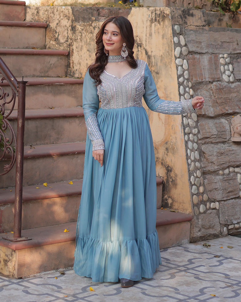 Sky Color Star Georgette Embroidered Gown