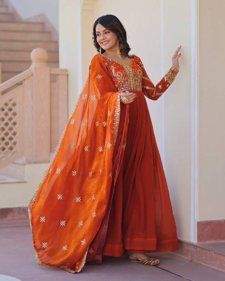 Designer Fenta Color Fendi Embroidered Gown With Dupatta