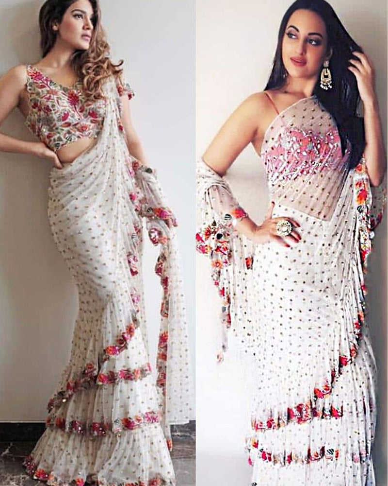 Sonakshi Sinha White Ruffle Saree