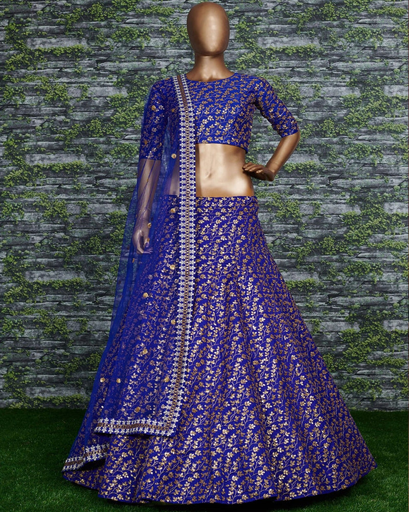 Blue Raw Silk Sequence Lehenga Choli