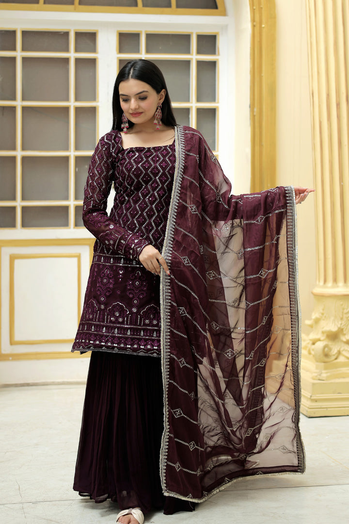 Wine Color Zigzag Line Faux Georgette Three Piece Sharara Suit
