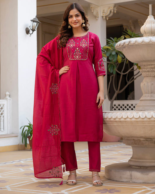 Rani Pink Color Mango Silk Embroidered Kurti Suit