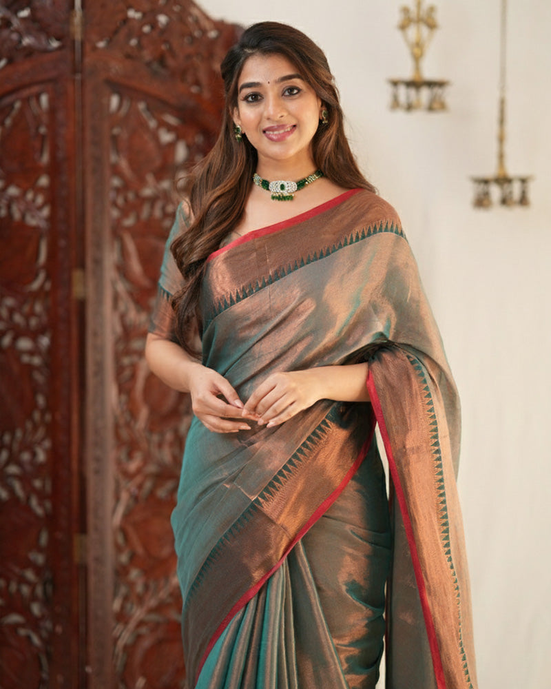 Sea Green Color Tissue Cotton Saree