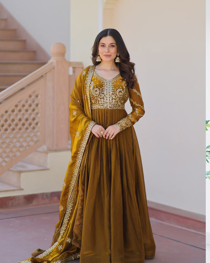 Designer Mehndi Color Fendi Embroidered Gown With Dupatta