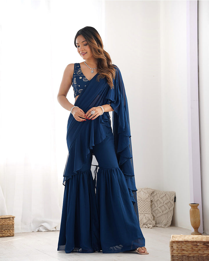 Designer Teal Blue Color Faux Georgette Plain Sharara Saree