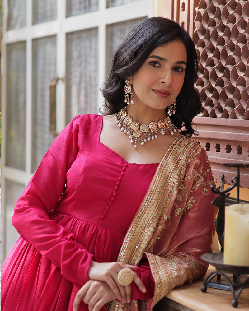 Rani Pink Color Vichitra Shimmer Sequence Embroidered Gown
