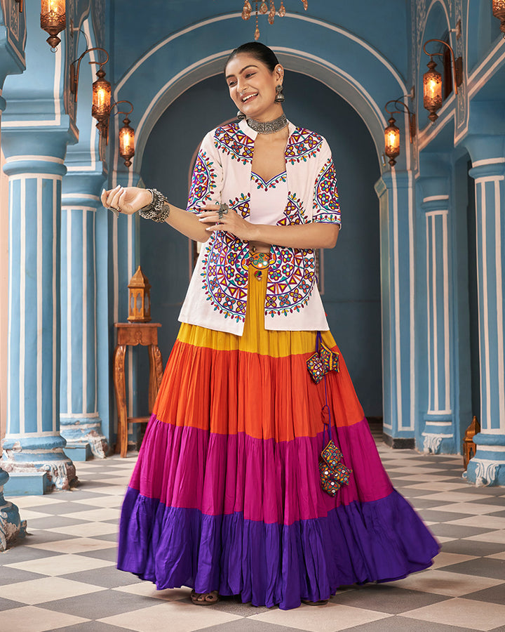White Color Viscose Rayon Embroidered Navratri Lehenga Choli