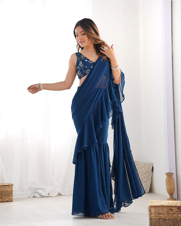 Designer Teal Blue Color Faux Georgette Plain Sharara Saree