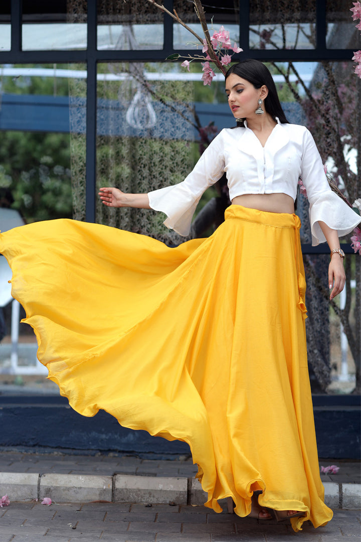 Yellow Color Fully Stitched Chinnon Crop Top Lehenga With Phantom Silk Designer Blouse