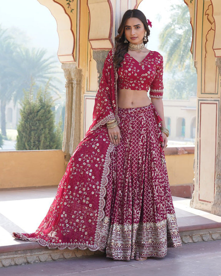 New Design Rani Pink Color Sequence Embroidered Jacquard Lehenga Choli