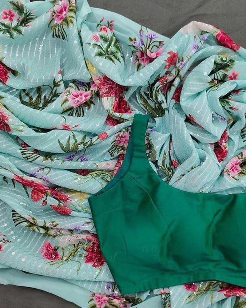 Mint Green Floral Georgette Sequence Saree With Stitched Blouse