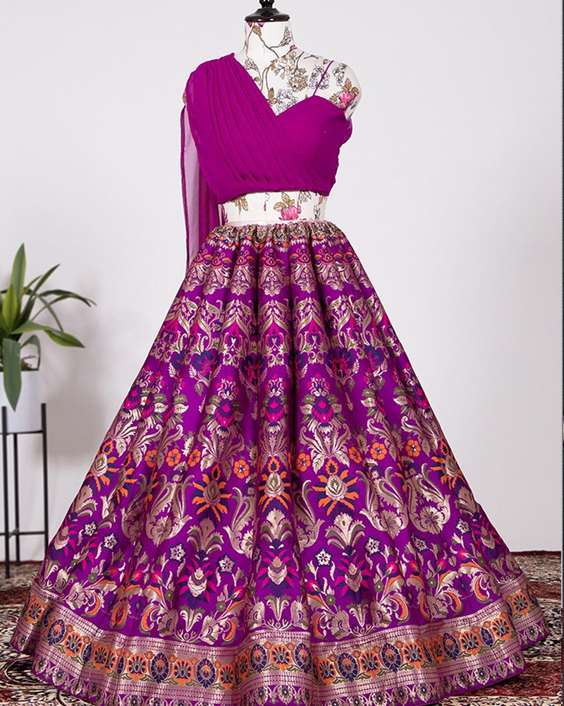 Purple Color Beautiful Banarasi Silk Full Stitched Lehenga Choli