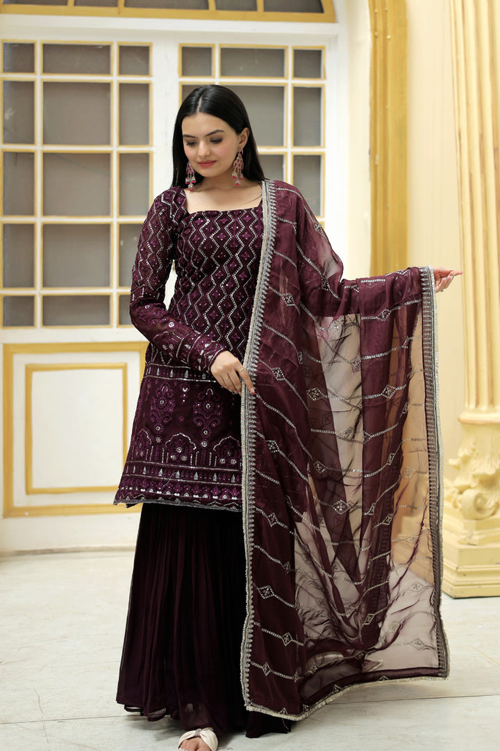 Wine Color Zigzag Line Faux Georgette Three Piece Sharara Suit