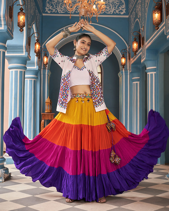 White Color Viscose Rayon Embroidered Navratri Lehenga Choli