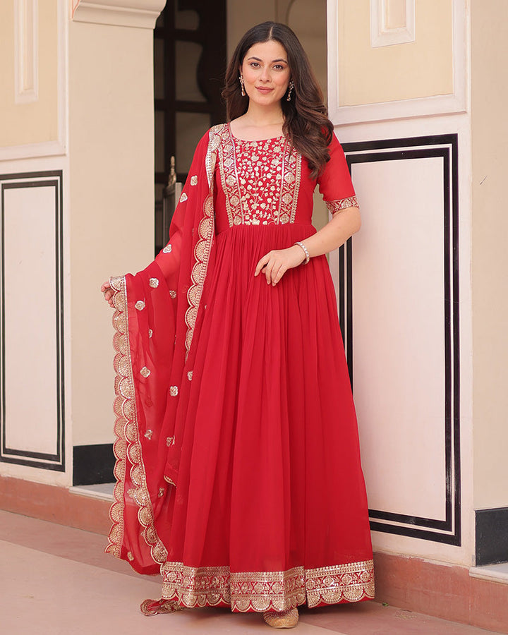 Designer Red Anarkali Gown With Golden Embroidery