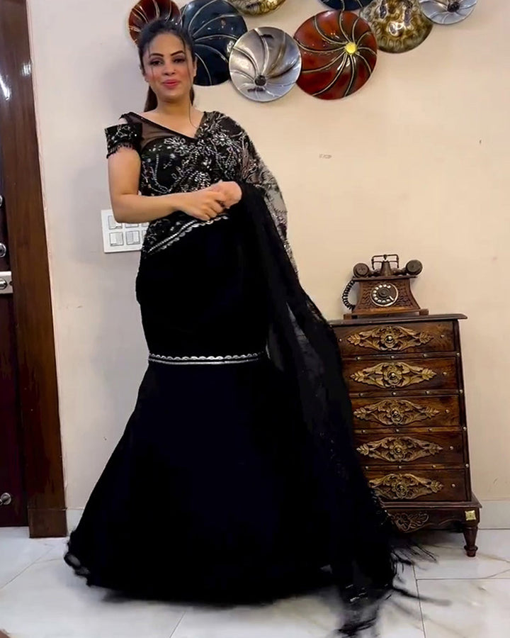 Black Designer Embroidery Soft Georgette Lehenga Saree With Attached Dupatta