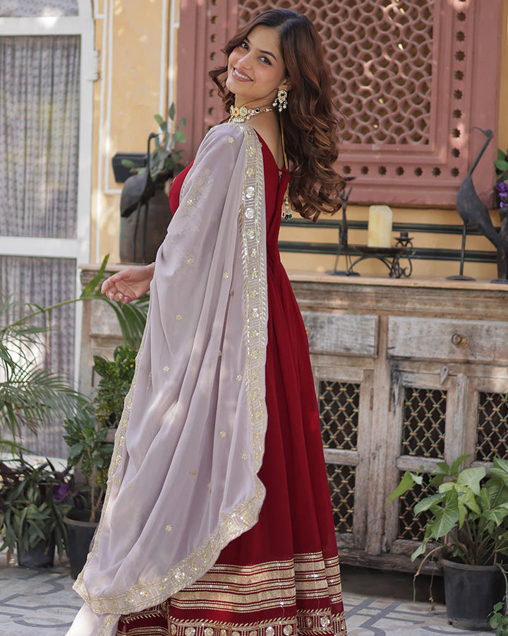 Rusty Red Color Faux Blooming Zari Embroidered Work Gown