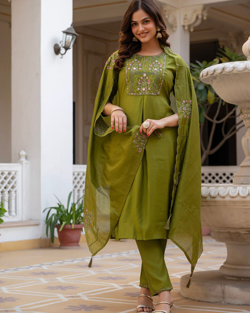 Mehndi Color Mango Silk Embroidered Kurti Suit