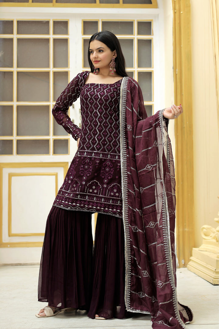 Wine Color Zigzag Line Faux Georgette Three Piece Sharara Suit